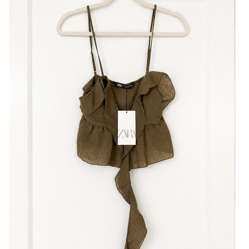 ZARA Women’s Small Brown Ruffle Tie Front Crop Top NWT Adjustable Straps